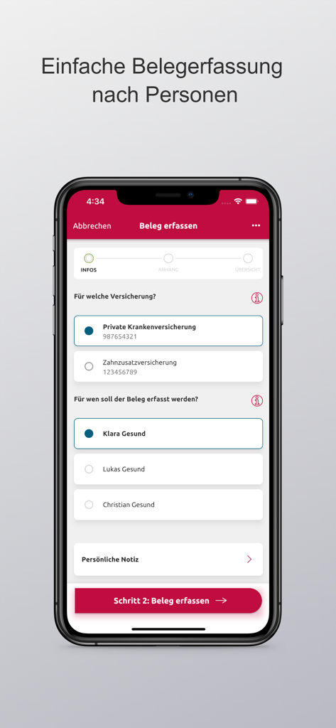 Hallesche4u - Hallesche4u app interface for entering medical documents and choosing insured persons