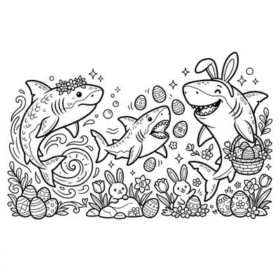 Unleash your creativity with this delightful coloring page combining the mighty Megalodon shark with the joyous spirit of Easter. Featuring adorable sharks donning bunny ears and flower crowns amidst festive eggs and playful bunnies, it's a perfect blend of prehistoric charm and spring cheer.