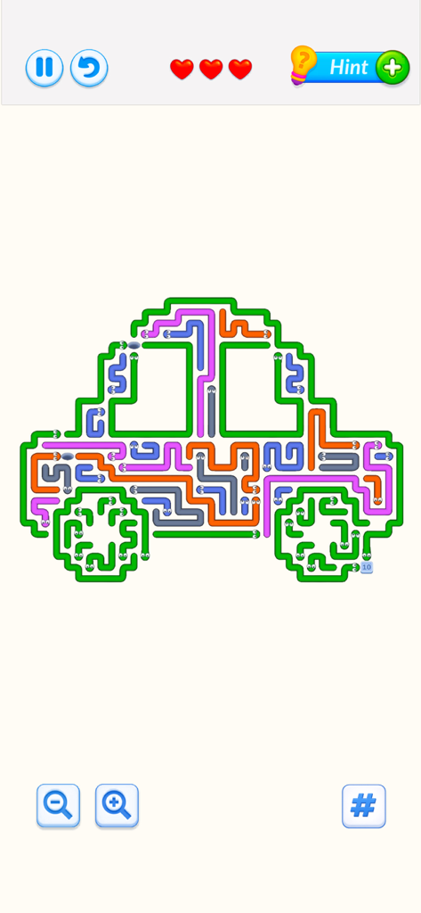 Snake Arrows Puzzles Escape - A logic puzzle level from Snake Arrows Puzzles Escape showing colorful snake arrows inside a car-shaped outline.