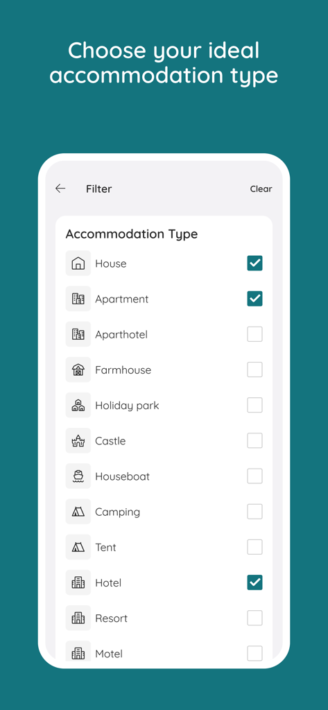 Interface de l'application e-domizil montrant le filtre de type d'hébergement avec des options comme maison, appartement et hôtel.