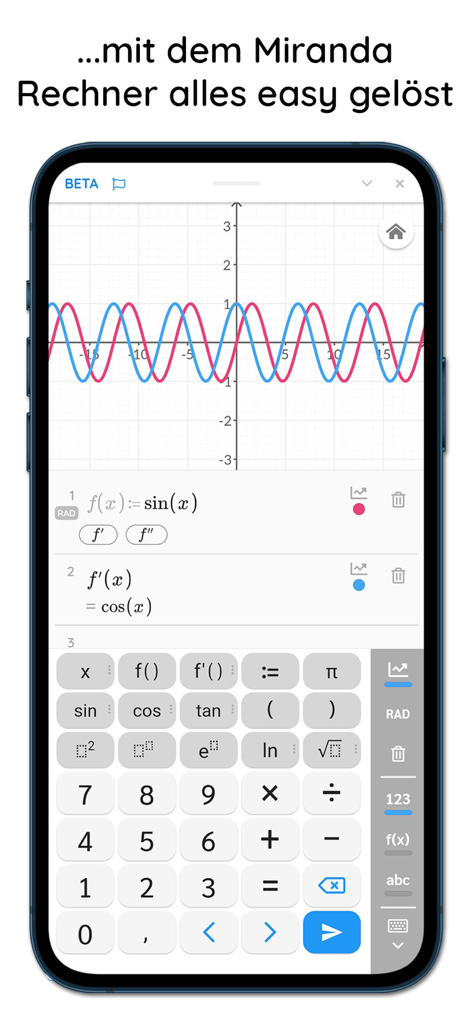 Miranda - Mathe-Nachhilfe - Uma interface de smartphone do aplicativo de matemática Miranda mostrando uma calculadora gráfica com ondas seno e cosseno