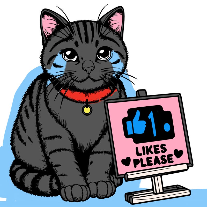 realistic cat with a sign near it saying 10 likes please
