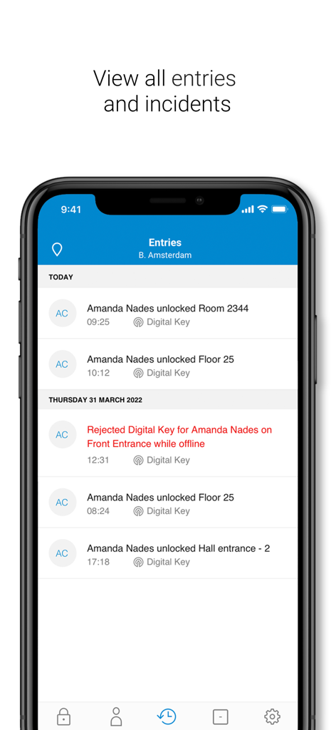 Salto KS - Salto KS app interface showing a chronological log of door entries and security incidents.