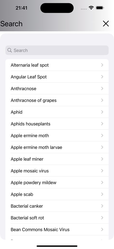 Plant diseases and pests - モバイルアプリの図鑑にある植物の病気と害虫の検索可能なリスト
