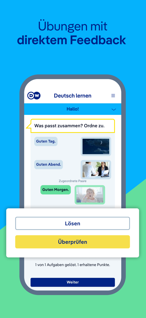 Captura de pantalla de la aplicación DW Learn German mostrando un ejercicio de emparejamiento con retroalimentación directa para el aprendizaje de vocabulario.