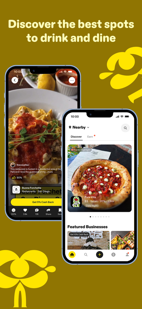 Franki | Eat. Drink. Earn. - Franki app interface displaying local restaurant recommendations with cash back rewards