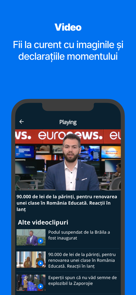 Euronews Romania app interface showing a news video player with a list of additional video reports in dark mode