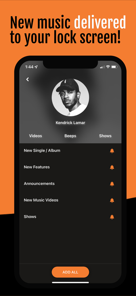 A smartphone displaying the BEEPR app interface with notification settings for Kendrick Lamar music releases