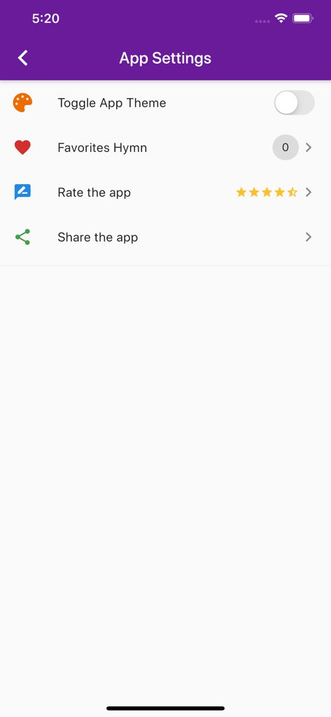 Il menu delle impostazioni dell'applicazione Inno Samoano che mostra le opzioni per la selezione del tema, i preferiti, la valutazione e la condivisione