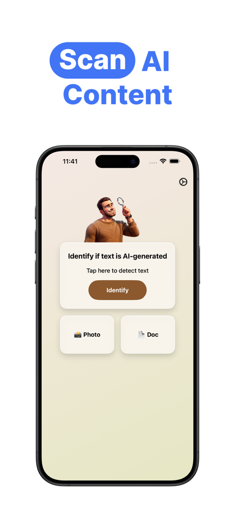 Mobile app interface for AI Checker showing the identify screen to detect AI generated text from photos and documents