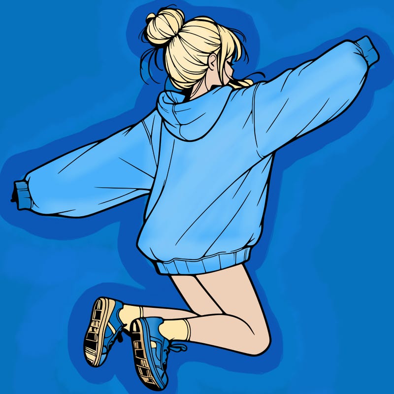 realistic girl jumping with a bun and oversized sweatshirt