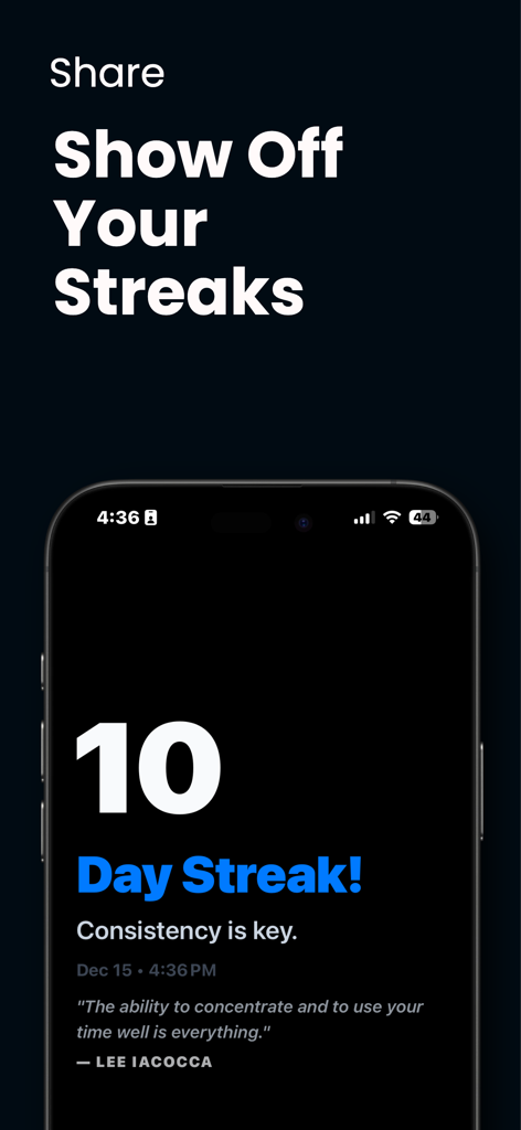 FocusDown: Flip & Focus Timer - FocusDown app interface highlighting a 10 day focus streak and a motivational quote for sharing achievements.