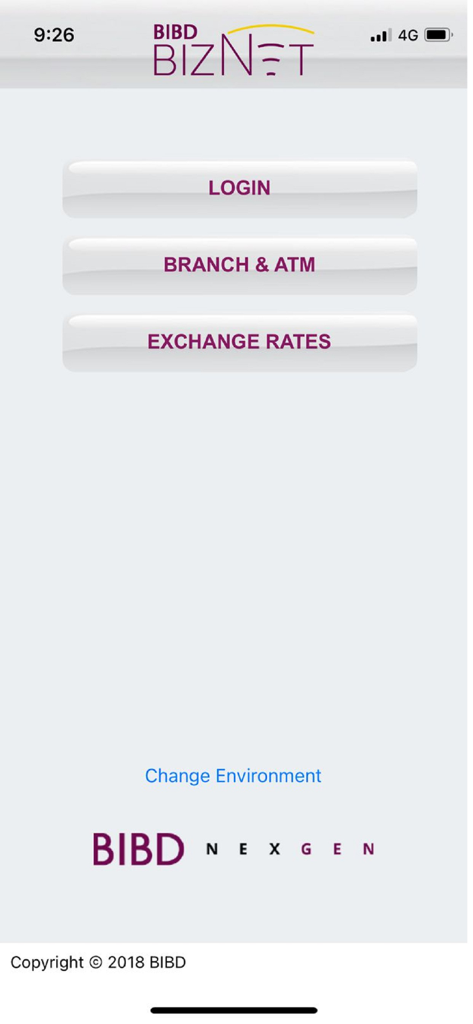 BIBD Biznet Mobile - BIBD Biznet 모바일 앱 환영 화면, 로그인, 지점 및 ATM 찾기, 환율 버튼 포함.