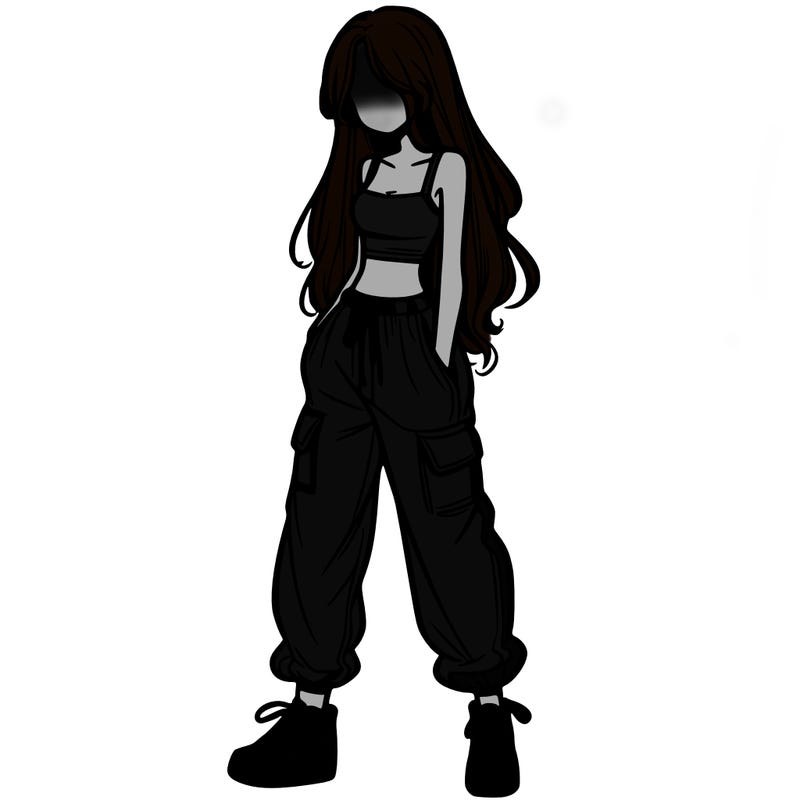 girl in baggy pants crop top and long hair