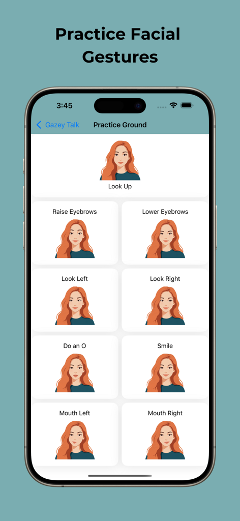 Eye Tracking Speech- GazeyTalk - Una captura de pantalla del área de práctica de la aplicación GazeyTalk que muestra nueve gestos faciales y oculares diferentes para la comunicación manos libres.