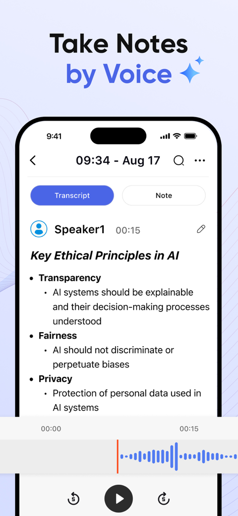 AI Notebook & Voice Memo - AI voice memo app interface showing real-time voice to text transcription and note organization.