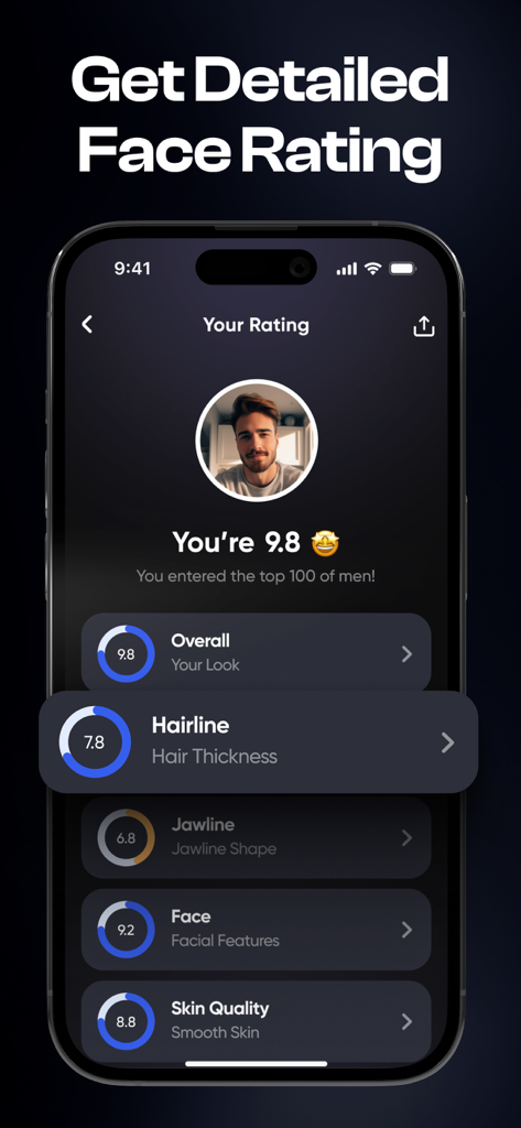 LooksMax Rate AI－Maximize Look - LooksMax Rate AI app screen displaying detailed facial analysis scores for hair and skin