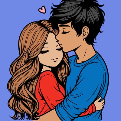 a realistic couple boy and girl hugging and kissing