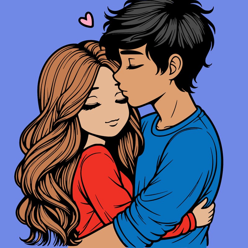 a realistic couple boy and girl hugging and kissing