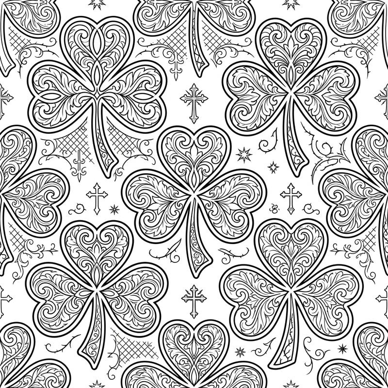 Explore a hauntingly beautiful collection of Gothic shamrock emblems, featuring intricate designs reminiscent of Victorian lace and dark mysteries. This unique coloring page offers an elegant challenge for those who love artistic details and a touch of the macabre.