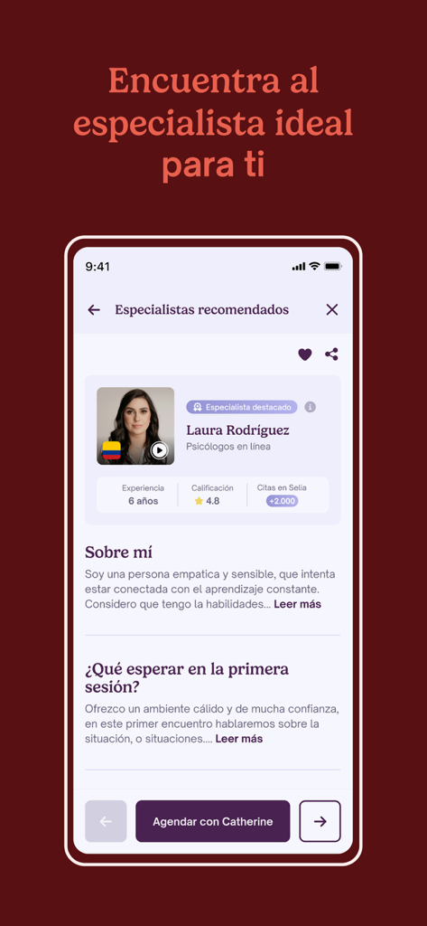 Selia: Bienestar Mental - Seliaアプリの専門家プロフィール画面。評価と経験を持つセラピストが表示されています。