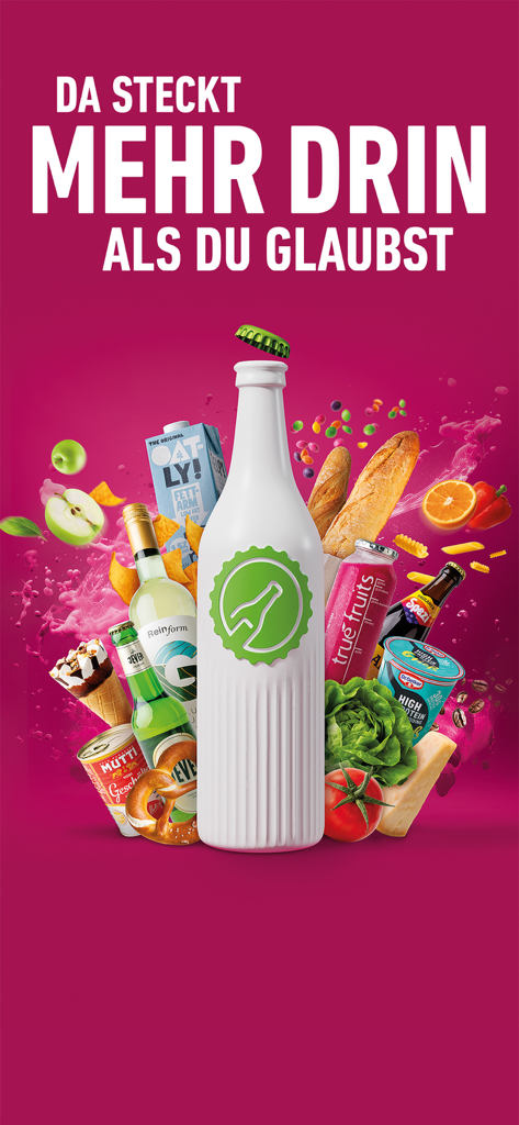 Una amplia variedad de comestibles y bebidas saliendo de una botella central para ilustrar la extensa gama de productos de la aplicación flaschenpost.