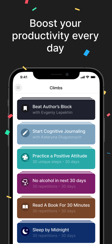 Interfaz de la aplicación Timestripe que muestra una lista de metas de productividad y programas de seguimiento de hábitos titulados Escaladas