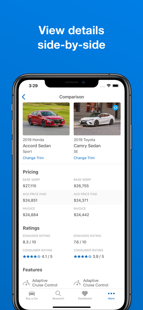 Side-by-side comparison of a Honda Accord and Toyota Camry on the Edmunds app.