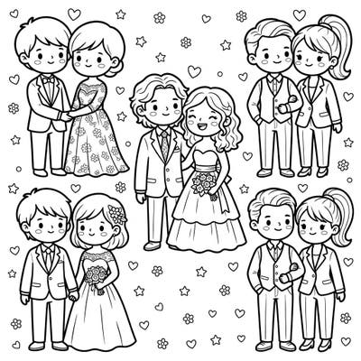 Celebrate everlasting love with this enchanting Kawaii Married Couples coloring page. Featuring six adorable pairs, it's a delightful way to explore themes of partnership and happiness through creative coloring.