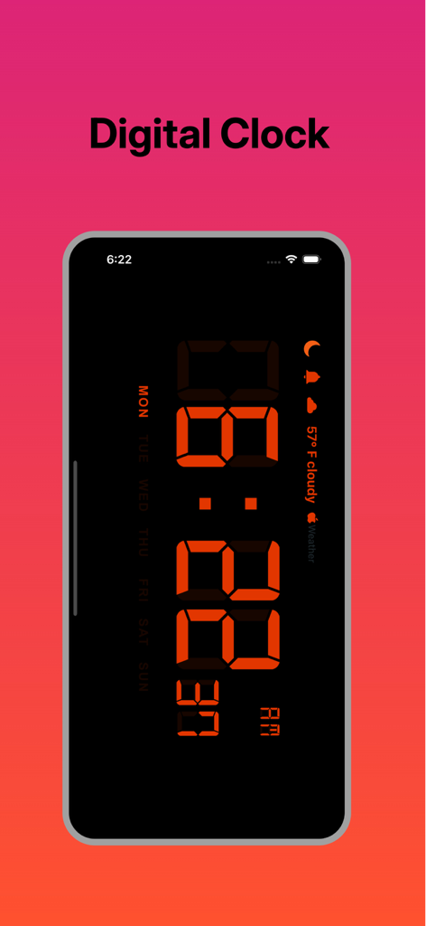 Cool Forecast Clock-Desk - Interfaz de reloj digital con números naranjas e información meteorológica sobre un fondo negro minimalista.