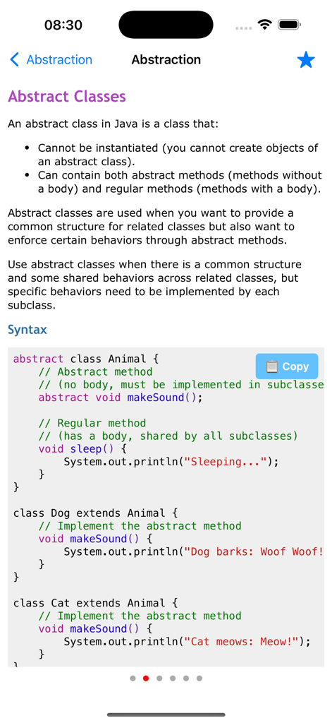Learn Java Programming Pro - Java programming lesson on abstract classes showing code syntax for Animal Dog and Cat classes