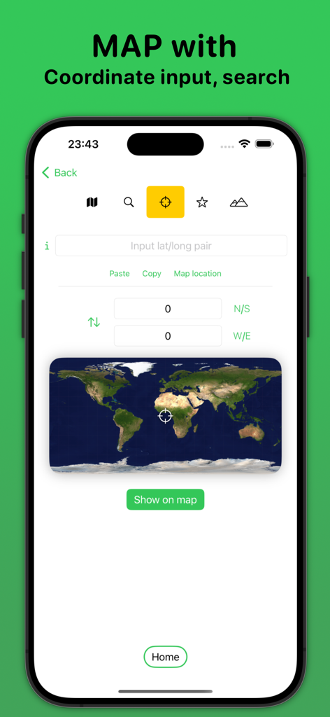 MapScale app screen showing latitude and longitude coordinate input fields with a world map preview