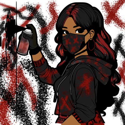 realistic girl with mask spray painting a wall