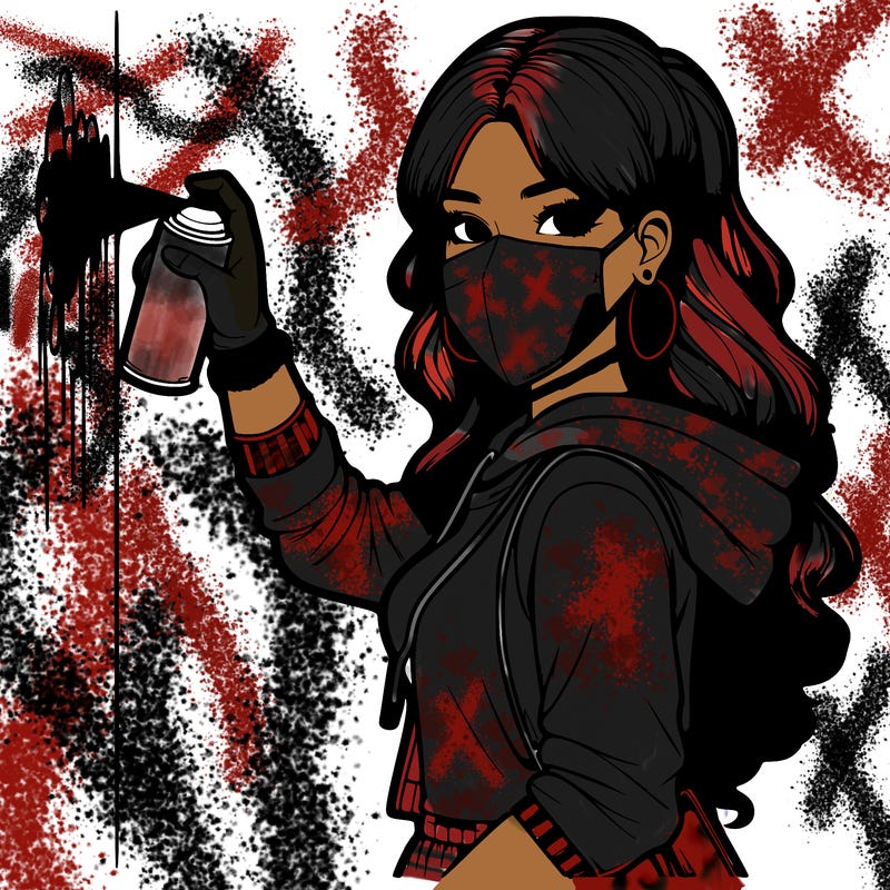 realistic girl with mask spray painting a wall