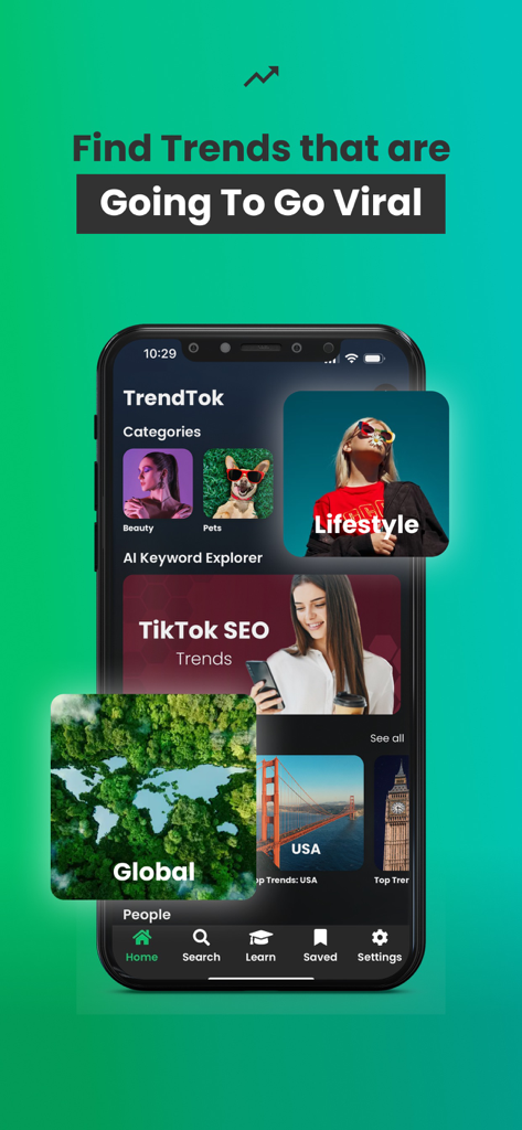 TrendTok Analytics & Tracker - Interfaz de la aplicación TrendTok que muestra tendencias de SEO de TikTok y categorías de contenido viral.