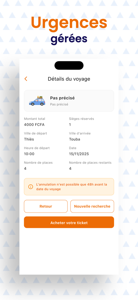Allo Dakar H24 - Écran de l'application mobile affichant les détails du trajet entre Thiès et Touba avec un bouton d'achat de billet