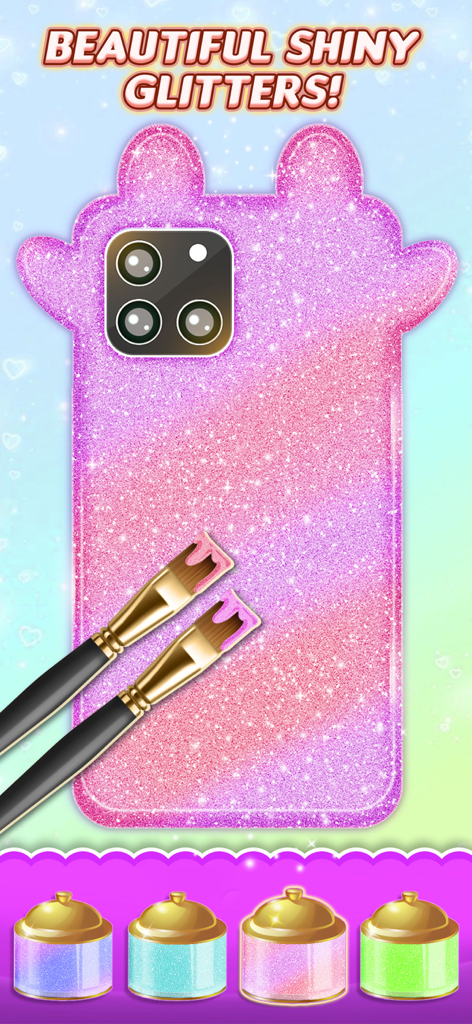 Capa de celular rosa com glitter sendo decorada com pincéis em uma interface de jogo de celular.