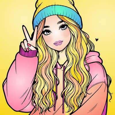 a teenage girl in a beanie, oversized sweatshirt, wavy long hair, and is showing a ✌️