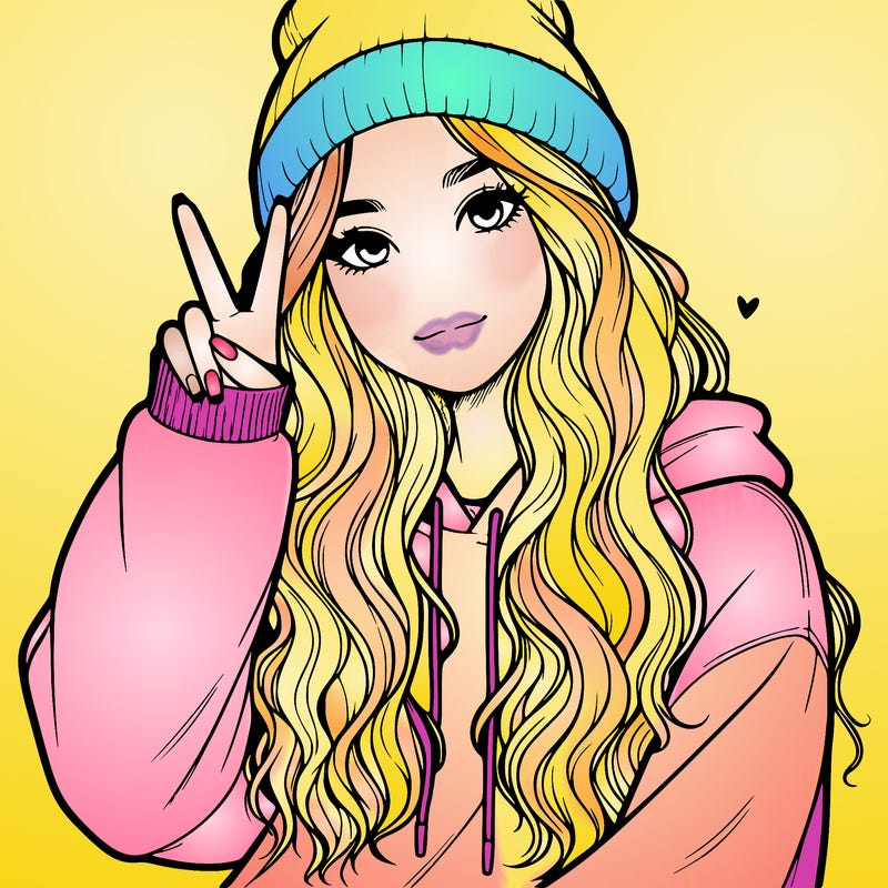 a teenage girl in a beanie, oversized sweatshirt, wavy long hair, and is showing a ✌️