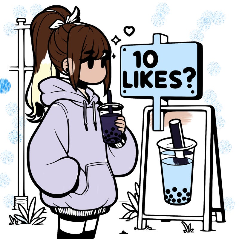 girl with oversized hoodie drinking boba and she has a high ponytail with a sign that says 10likes?