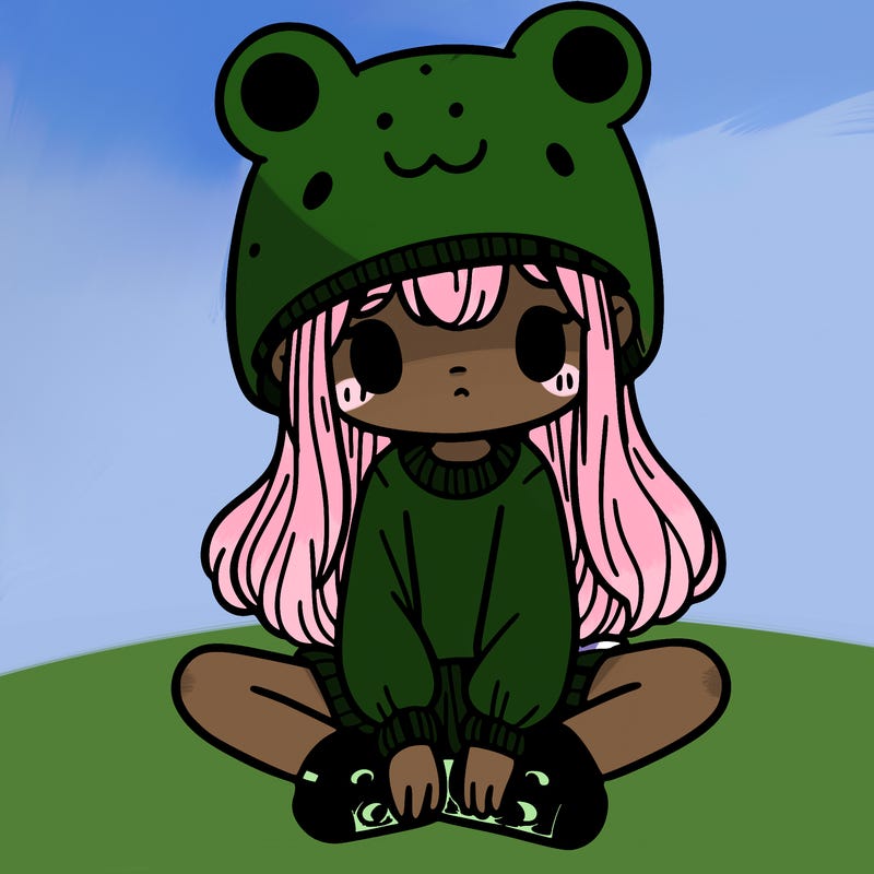 a girl wearing a frog hat and some frog socks