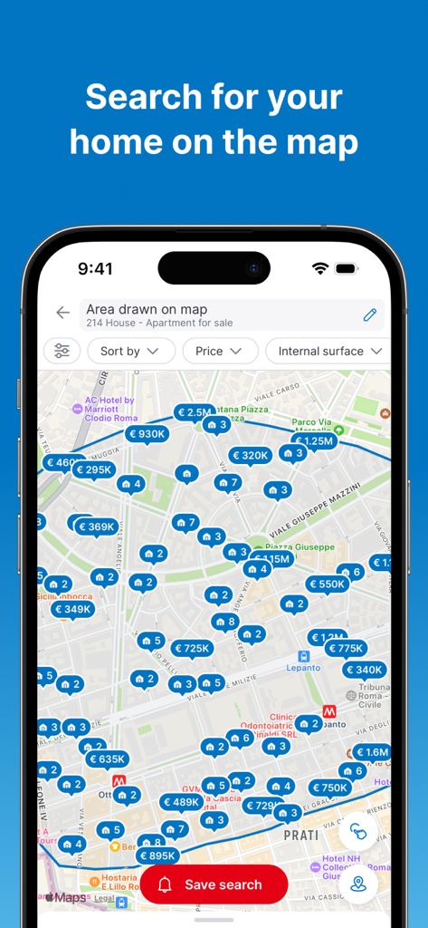 Interfaz de la app Immobiliare.it mostrando anuncios inmobiliarios y precios en un mapa