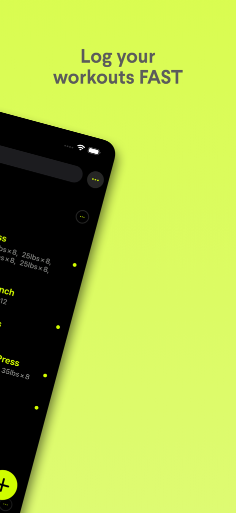 Gains Workout Tracker Gym Log - Interface of Gains Workout Tracker app with the text Log your workouts FAST on a lime green background.