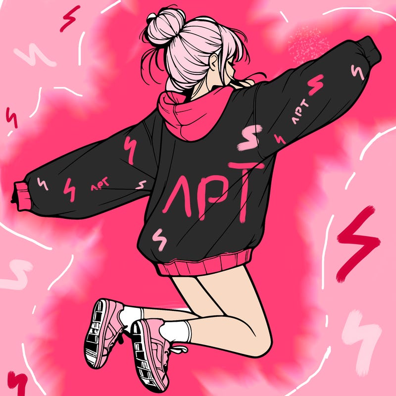realistic girl jumping with a bun and oversized sweatshirt