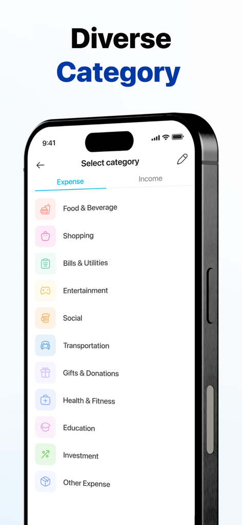 MoneyNote: Save and Track - A mobile app screen showing a diverse list of expense categories for financial tracking.