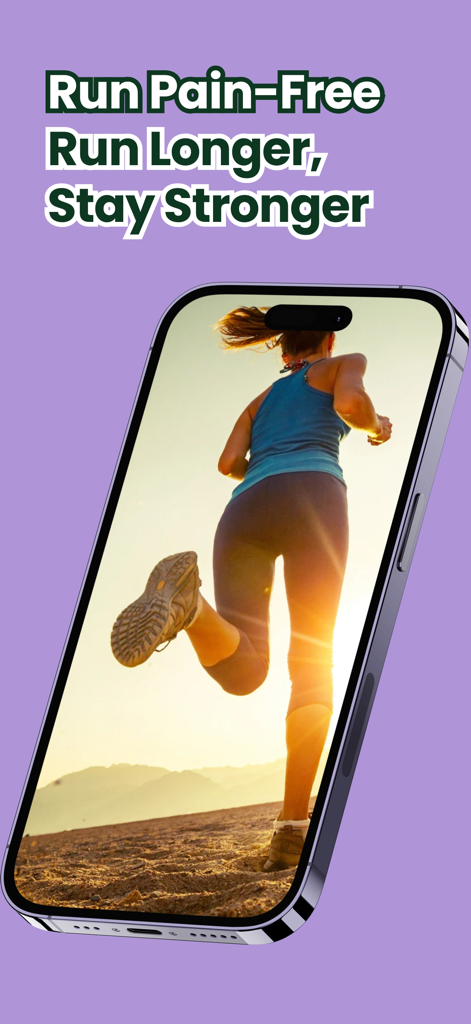 Pain-Free Running App - RunZen - A woman running at sunset on a smartphone screen with the text Run Pain Free Run Longer Stay Stronger