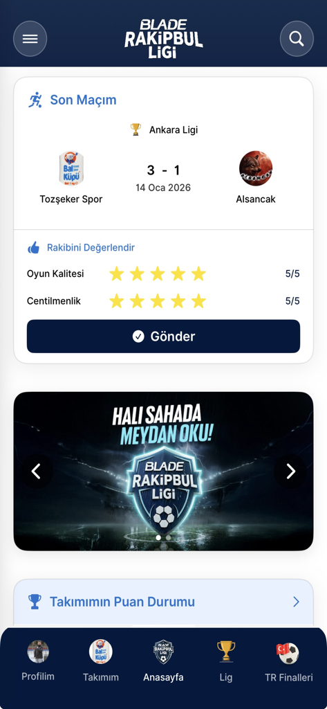 Blade Rakipbul Ligi - Mobile interface of Blade Rakipbul Ligi showing match results and sportsmanship ratings.