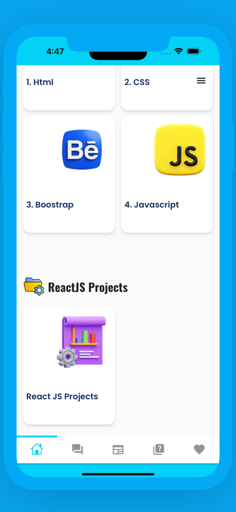 Startbildschirm der ReactJS Programming App mit Modulen für HTML, CSS, Bootstrap, JavaScript und ReactJS-Projekte.