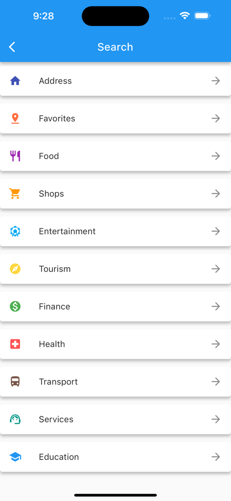 Schermata di ricerca dell'app Mappa della Croazia che mostra un elenco di categorie di punti di interesse tra cui Turismo Enogastronomico e Trasporti