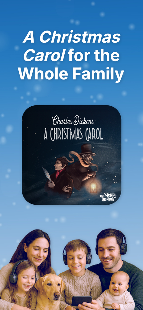 Relevant Radio Catholic Rosary - A family wearing headphones and listening to A Christmas Carol audiobook on the Relevant Radio app